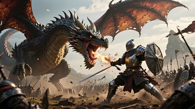 Giant dragon fighting knight medieval battlefield cinematic action pose epic fantasy atmosphere ultra-detailed