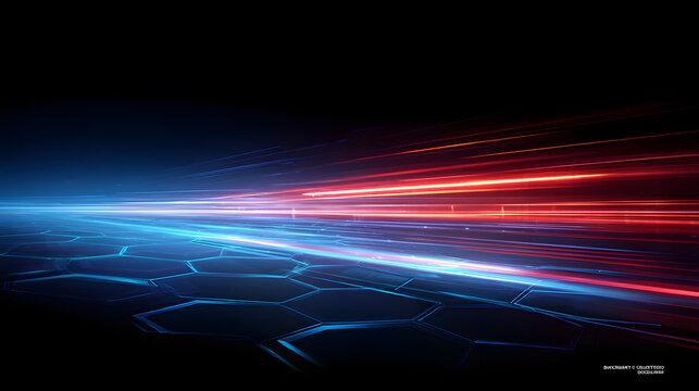 abstract background with blue and red glowing lines futuristic tech hexagon shapes and high speed light streaks
