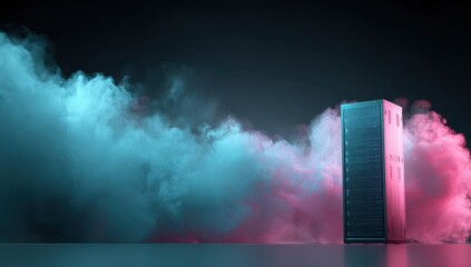 Futuristic server rack bathed in neon light