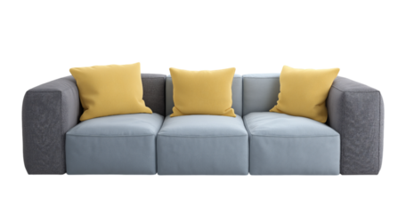 Light blue and gray modular sofa with yellow cushions isolated on a transparent background