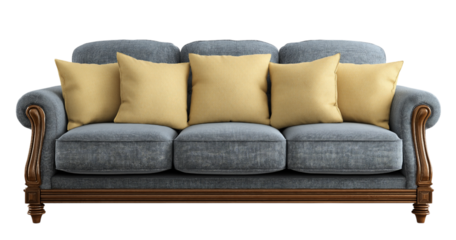 Vintage gray sofa with five yellow cushions and ornate wood trim isolated on a transparent background