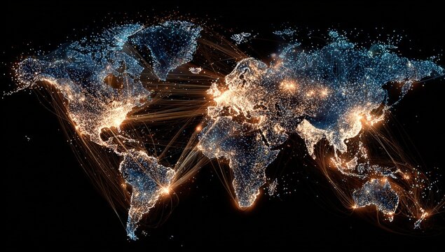 Global network map, glowing dots representing cities and connections - Powered by Adobe
