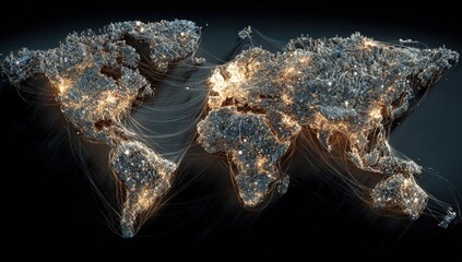 Global network map, illuminated world continents