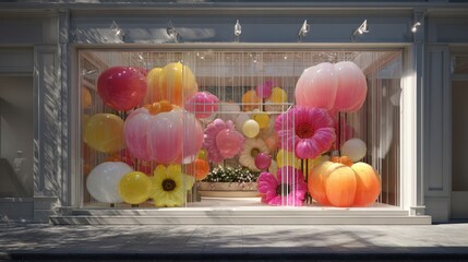 Colorful, oversized flowers & fruits adorn a storefront window display