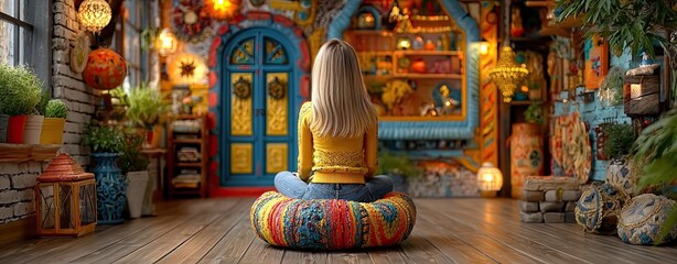 Fototapeta premium Person meditating in a colorful, vibrant space.