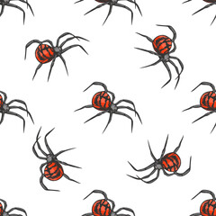 Hand drawn vintage seamless halloween pattern with creepy red black spider illustration isolated vector engraving scary design