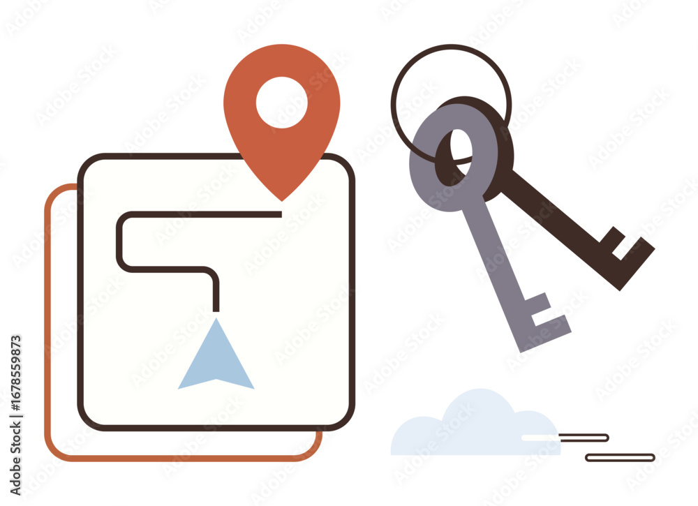 Aufkleber map with location marker, directional path, and two keys. ideal for navigation, security, guidance, 