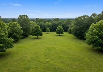 Scenic Aerial View of Lush Green Meadow with Trees and Blue Sky.