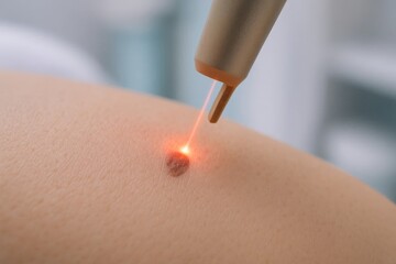 Laser removal of mole or skin pigmentation on patient with medical equipment.