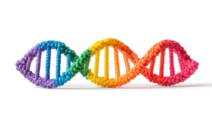 Colorful DNA model with vibrant beads on white background