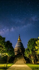 Pagoda under a night sky