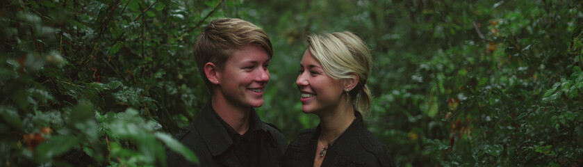 Fototapeta premium Smiling young couple standing affectionately together outdoors