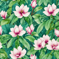Floral pattern of delicate pink magnolia flowers with lush green leaves, natural illustration