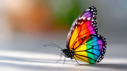 Obraz premium Rainbow butterfly with colorful wings resting surface soft light
