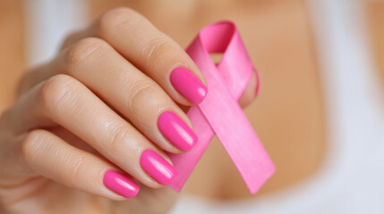 Pink ribbon held by hand with pink nail polish for breast cancer awareness