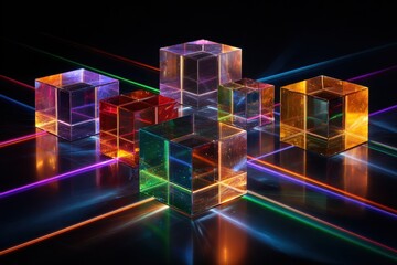 Colorful translucent cubes on a dark background with vibrant light trails