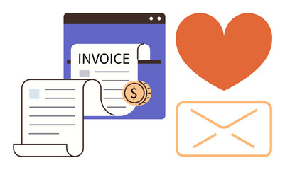 Invoice forms with a dollar coin, envelope representing messages, and heart symbol combining finance, communication, customer service, marketing, online transactions, financial transparency