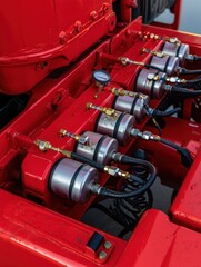 Close inspection of hydraulic components showcases the intricacies of the system used in a heavy-duty vehicle. The bright red color highlights maintenance and technical design
