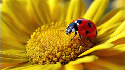 Fototapeta premium Ladybird on bright yellow flower close up macro nature