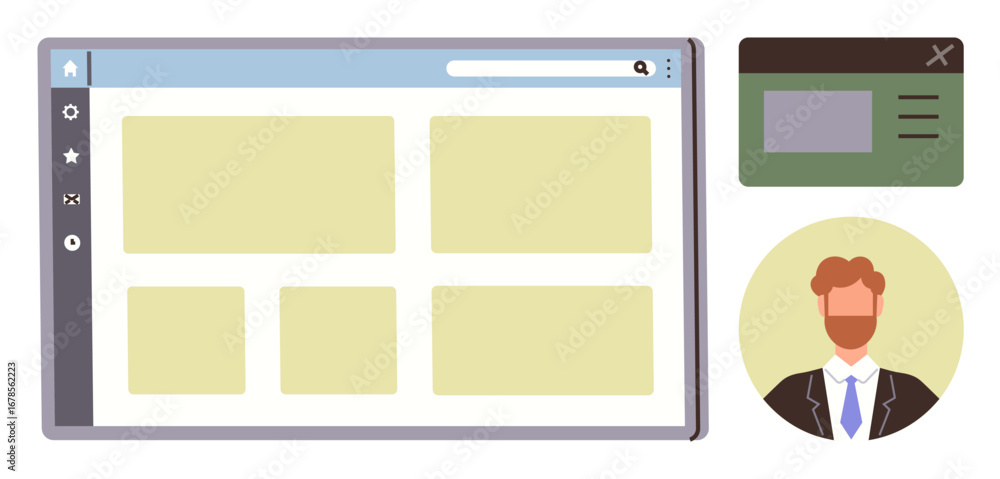 Aufkleber browser window with menu, search bar, content blocks, pop-up card, and user portrait. ideal for user