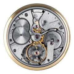 Antique clock mechanism with vintage golden gears and old Roman numeral dial isolated on a white background