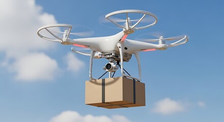 Drone delivering package against a blue sky with fluffy clouds, showcasing modern delivery solutions and technological innovation