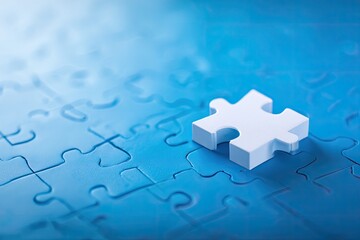 Single white puzzle piece on a blue puzzle