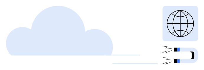 Blue cloud, globe icon, and magnet symbolizing data storage, global access, attraction, technology, connectivity, network and efficiency. Ideal for cloud storage technology connectivity