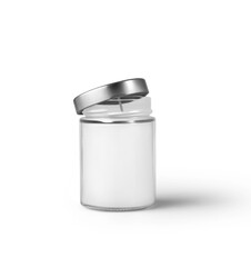 Mockup of a white wax candle in a glass jar with a lid, png,