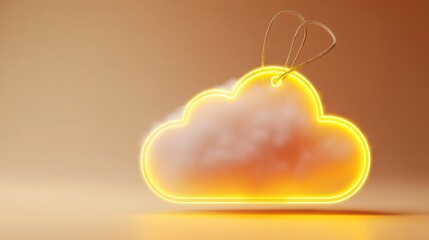 Ethereal cloud shaped light floating above representing digital tag icon and cloud computing concept in technology