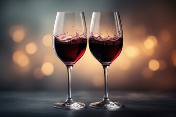 Two glasses of red wine with ripples and droplets, clear stems and warm bokeh lights against a dark backdrop.