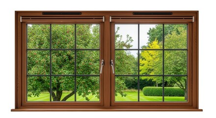 Fototapeta premium Isolated Residential Brown Wooden Window Frame with View of Green Summer Garden