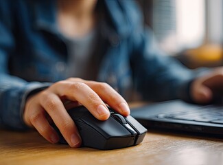 Close-up of person using a black computer mouse on a laptop