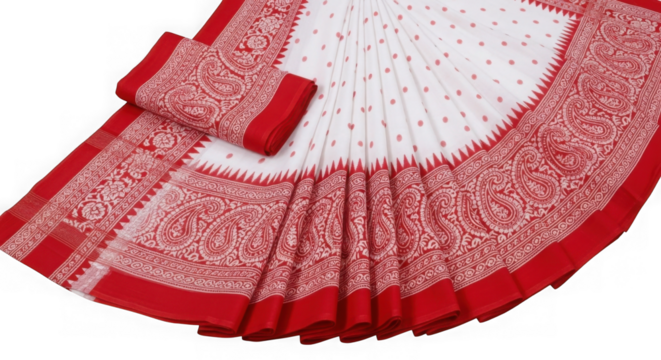 Elegant white and red indian saree fabric isolated on transparent background