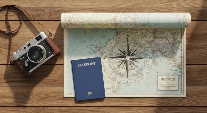Overhead shot of camera, passport, and map on wooden table for travel planning