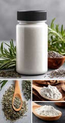 White plastic bottle with various dried herbs and powders