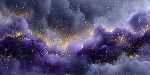 Fototapeta premium Celestial clouds, a breathtaking vista of swirling, ethereal masses. Golden lights scattered throughout the misty expanse, creating a sense of wonder