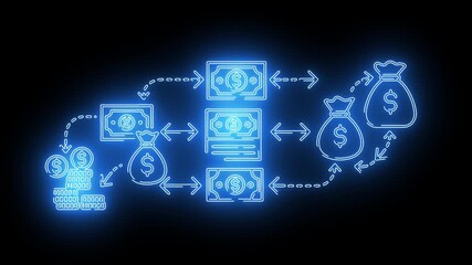 Digital finance system with glowing money bills, arrows, and transaction automation process