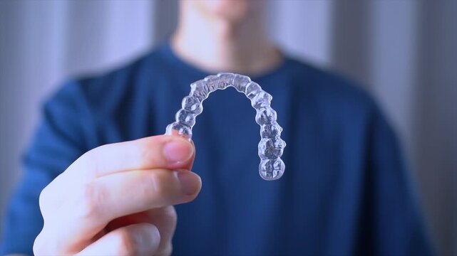 Clear Dental Aligners or braces : Orthodontic Mouthpiece Held in Hand. Slow motion video.