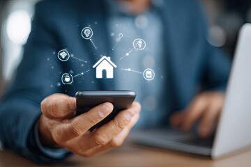 Smartphone in hand, displaying smart home icons.  Businessman using technology