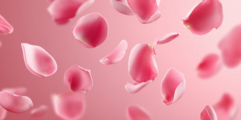 Soft pink rose petals gently falling, evoking feelings of romance, beauty, and serenity. The petals drift against a subtle gradient background, creating a delicate and ethereal atmosphere
