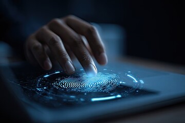 A hand touches a tablet screen with a glowing fingerprint graphic