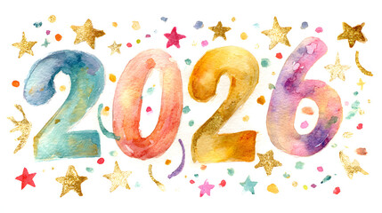Fototapeta premium hand painted watercolor 2026 numbers in soft pastel tones with festive stars and playful new year card