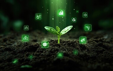 Small sprout emerging from dark soil, surrounded by glowing green icons