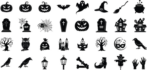 Fototapeta premium Halloween icon set featuring spooky silhouettes of pumpkins, ghosts, bats, witches, cauldrons, graves, spiders, and more