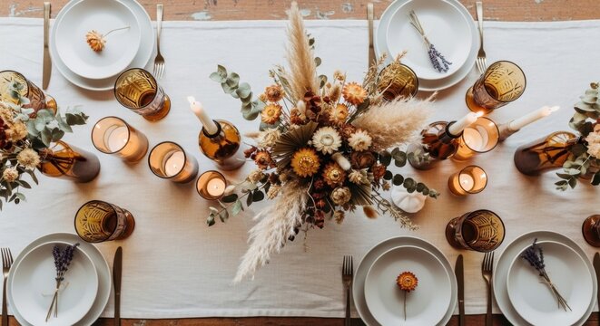 Overhead view of a beautifully decorated thanksgiving table setting with floral centerpiece