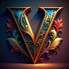 Ornate capital letter V with elaborate floral details