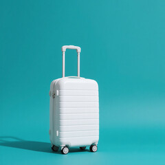 Obraz premium White Suitcase with Telescopic Handle on Solid Teal Background