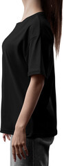Black T-shirt oversized mockup with round neckline on girl, png, side view