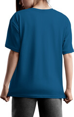 Blue T-shirt oversized mockup with round neckline on girl, png, back view
